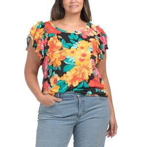 STELLA & GINGER Black Plus Flutter Sleeve Textured Top